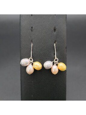 Sterling Silver White, Pink and Yellow Pearl Drop Dangle Earrings A7827